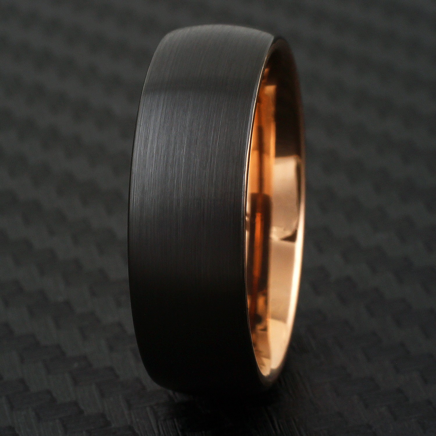 Black Brushed Tungsten Domed Rose Gold Plated Side & Inside Wedding Band Ring