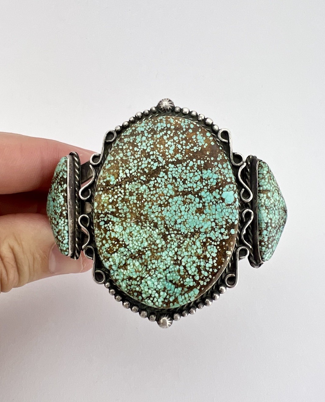 Fred Harvey Navajo Sterling Silver Spiderweb #8 Turquoise Stamped Cuff Bracelet