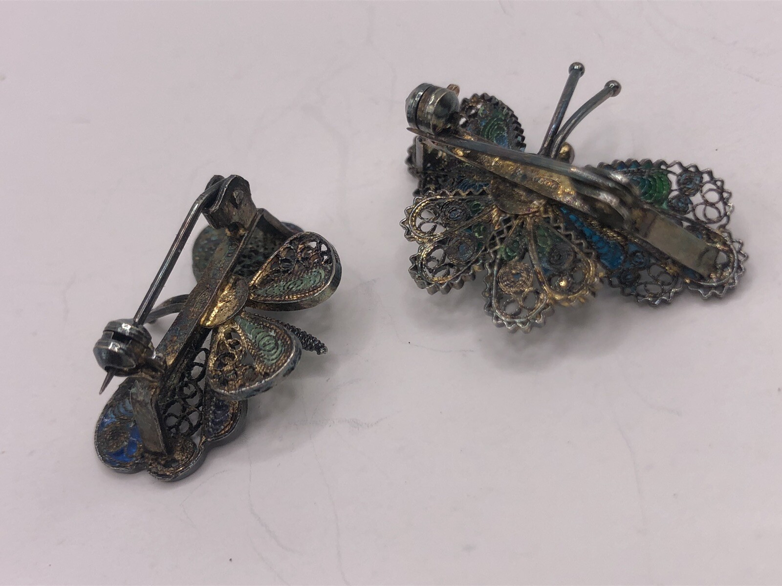 Pair of Butterfly Sterling Silver Coisonné Pin Vintage Brooch – ~1″