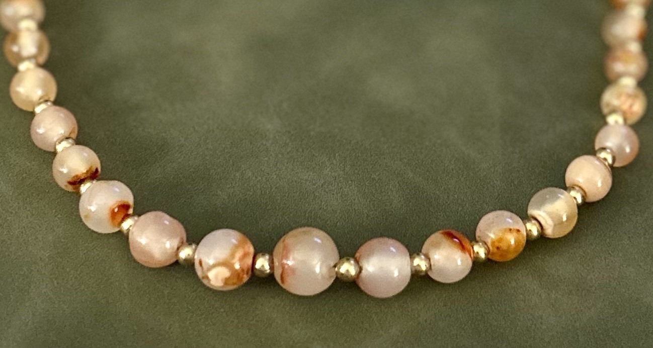 Cherry Blossom Agate Hand Made Beaded Necklace with Gold-Toned Spacers 18”
