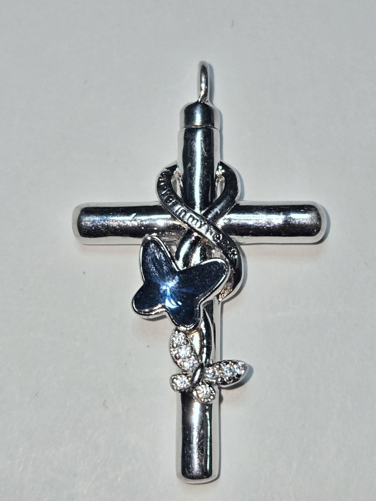 S925 Silver Cross Pendant Charm Blue Stone Butterfly Crystal Religious Theme