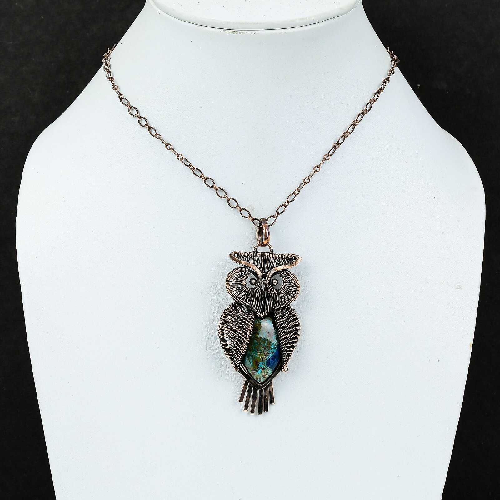 Azurite Malachite Jewelry Copper Friend Gift Wire Wrapped Owl Pendant 3.15″