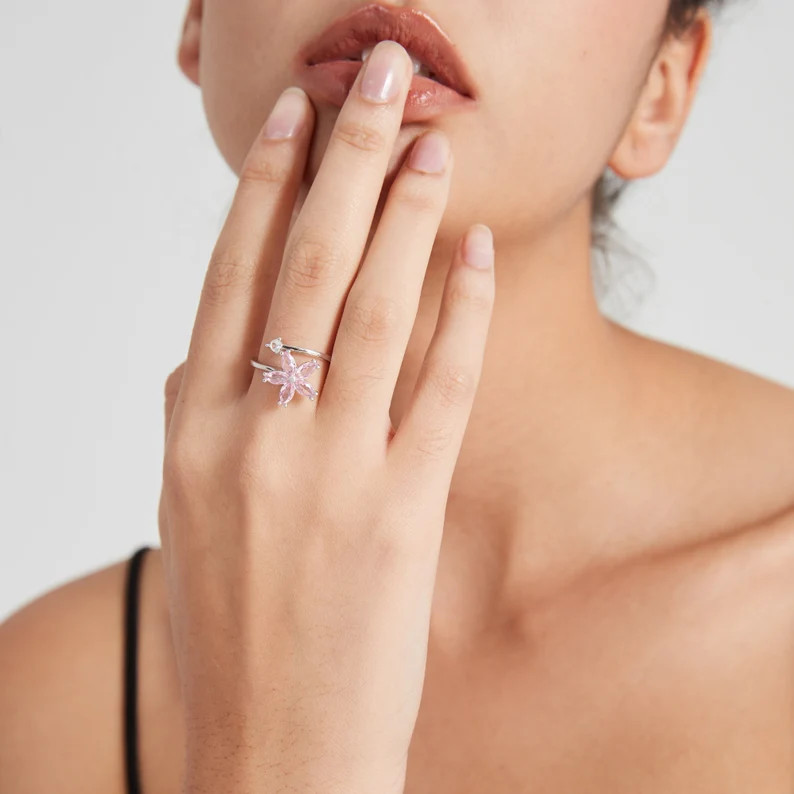 Pink Flower Fidget Spinner Ring in 925 Sterling Silver