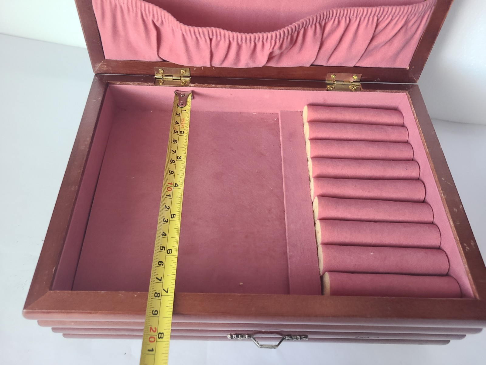 Vintage Floral Tapestry Top Wood Hinged Jewelry Box Pink Velvet Lining READ