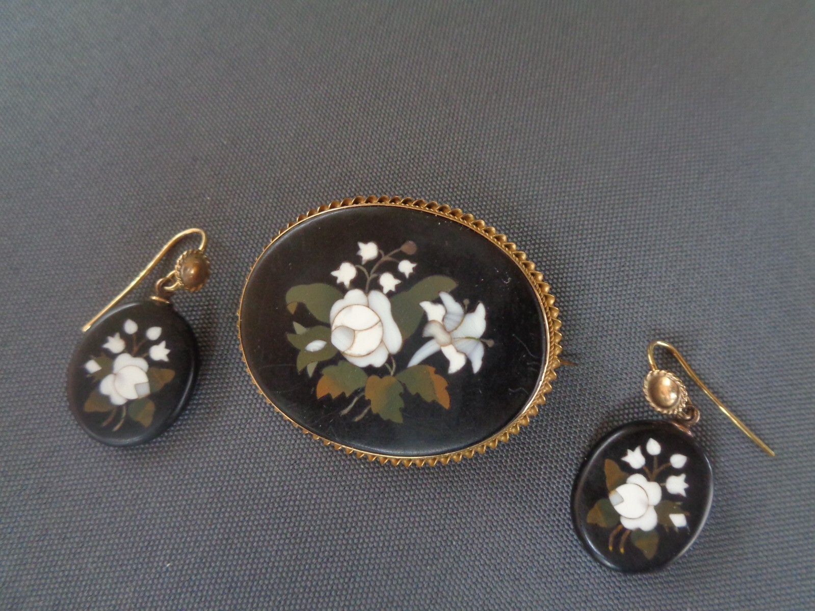 Pietra Dura Mosaic Booch Earrings Set Victorian Antique 15ct Gold Floral c1880s