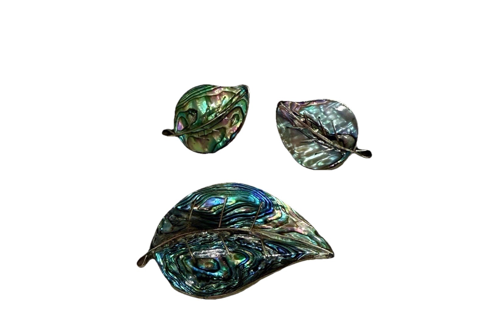 Taxco Mexico 925 Sterling Silver Abalone Leaf Brooch Pin & Clip-On Earrings Set