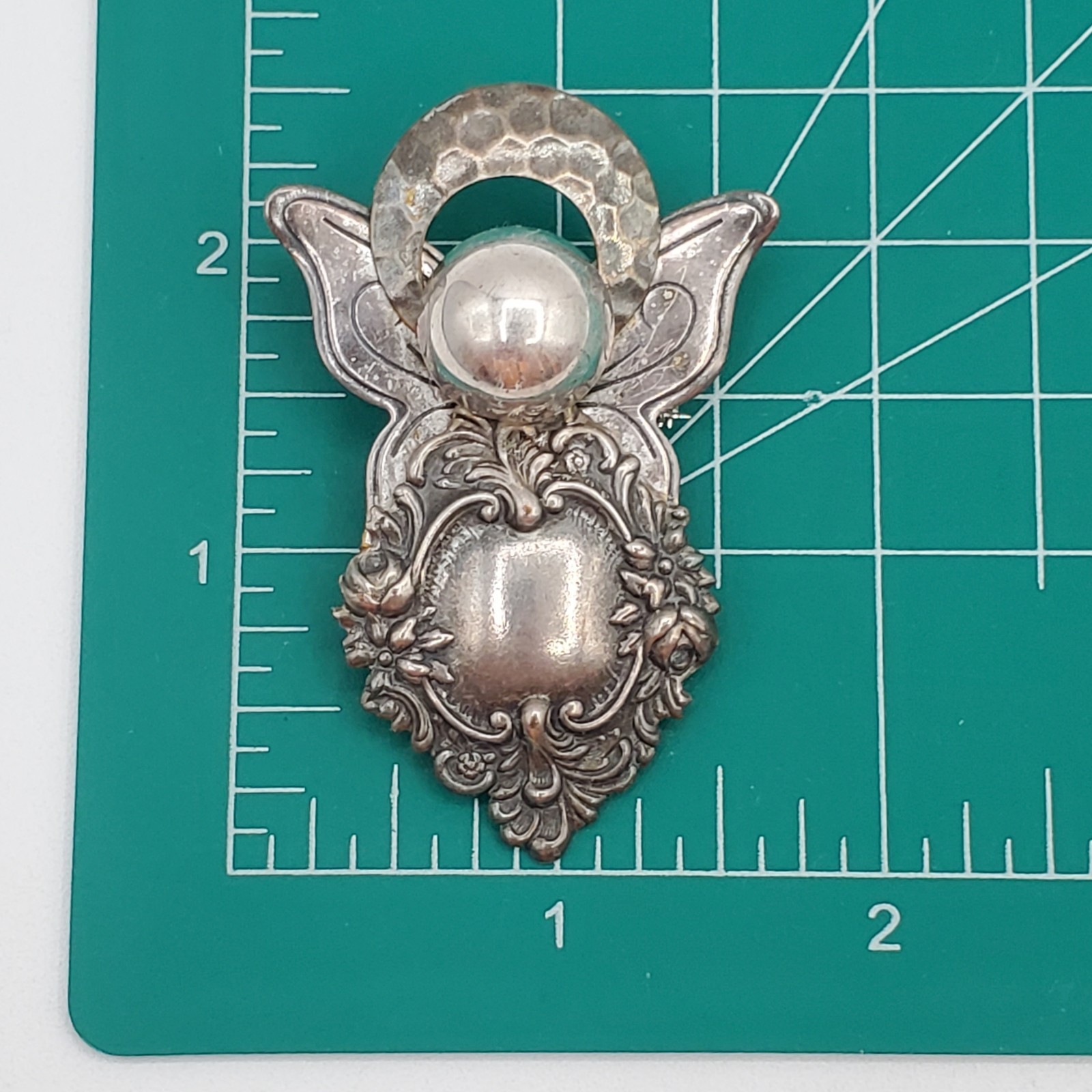 VTG Angel Brooch and Pendant Combo 2.5in Hammered Silver Tone Scroll Steampunk