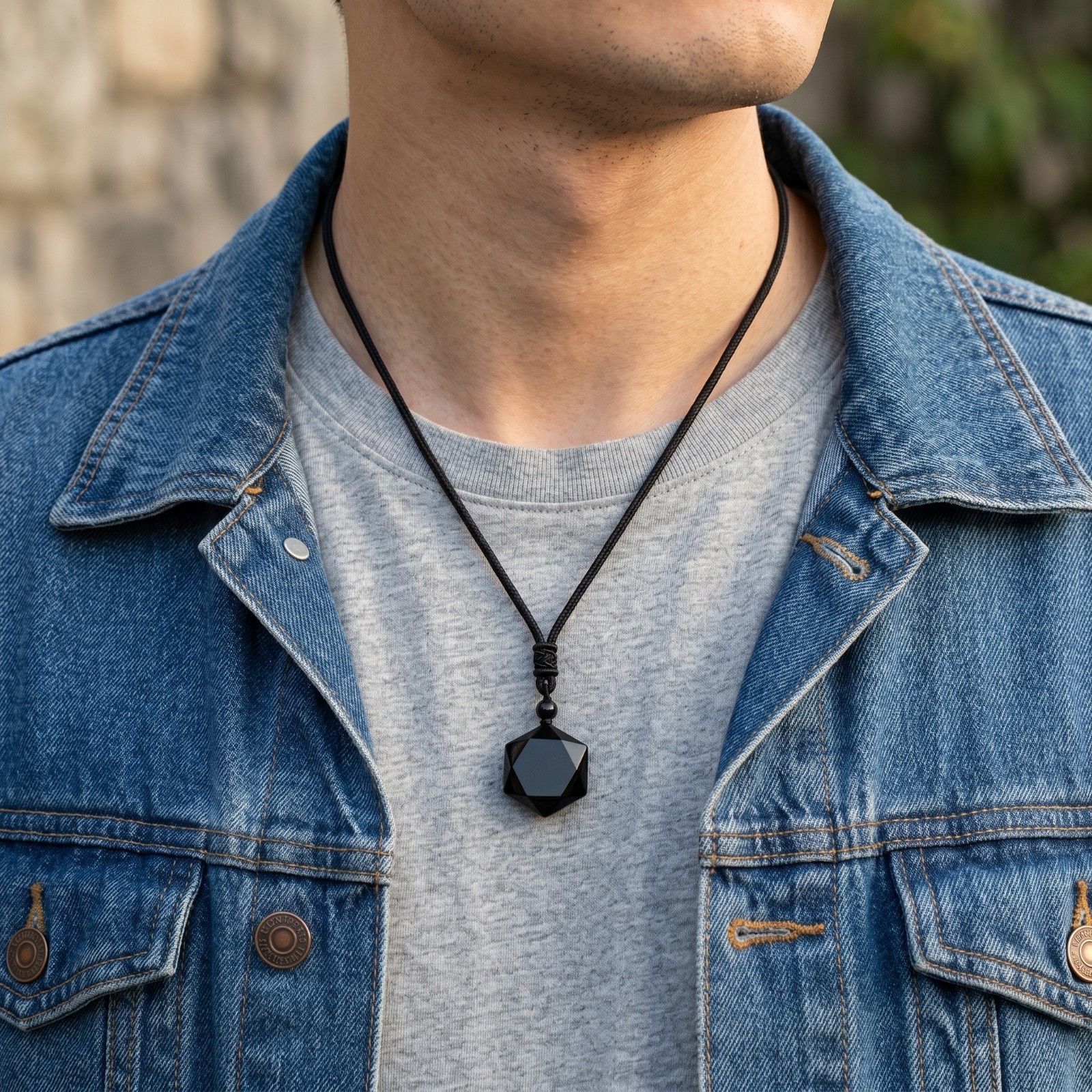 Natural Black Obsidian Star Pendant Necklace Adjustable Wax Cord Protection