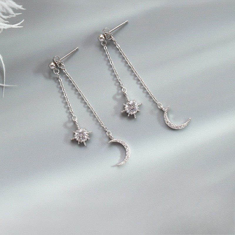 Women’s Long Tassel Ear Studs Inlaid Synthetic Zircon Star Moon Earrings Alloy