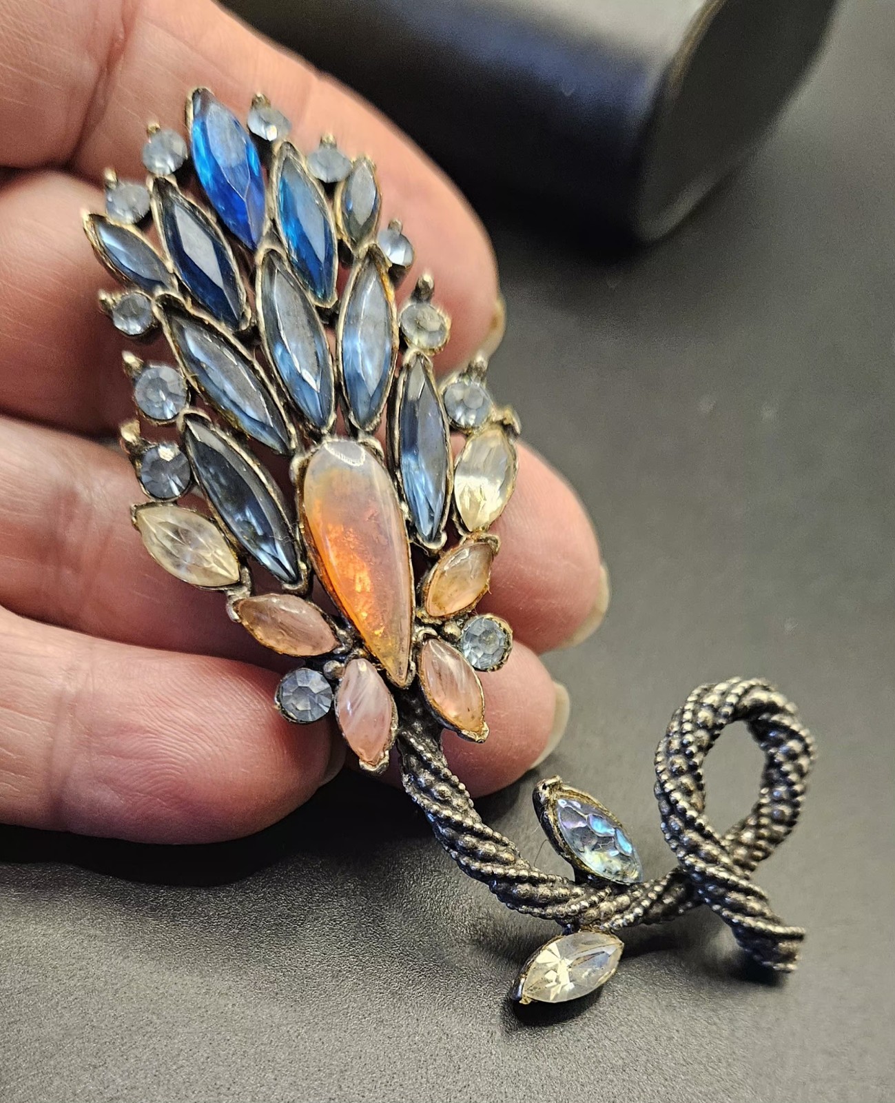 Florenza Vintage Black Rhodium Pink & Blue Rhinestone Lava Glass Flower Pin