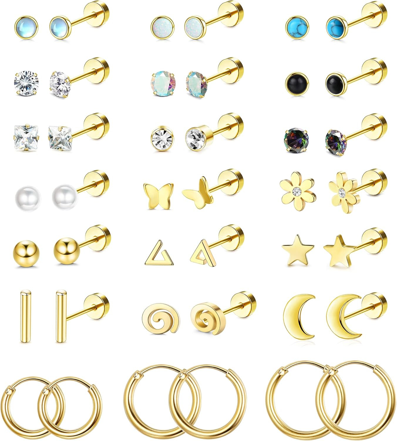 21Pairs Surgical Steel Flat Back Earrings Hypoallergenic 20G Screw Back Nap Stac