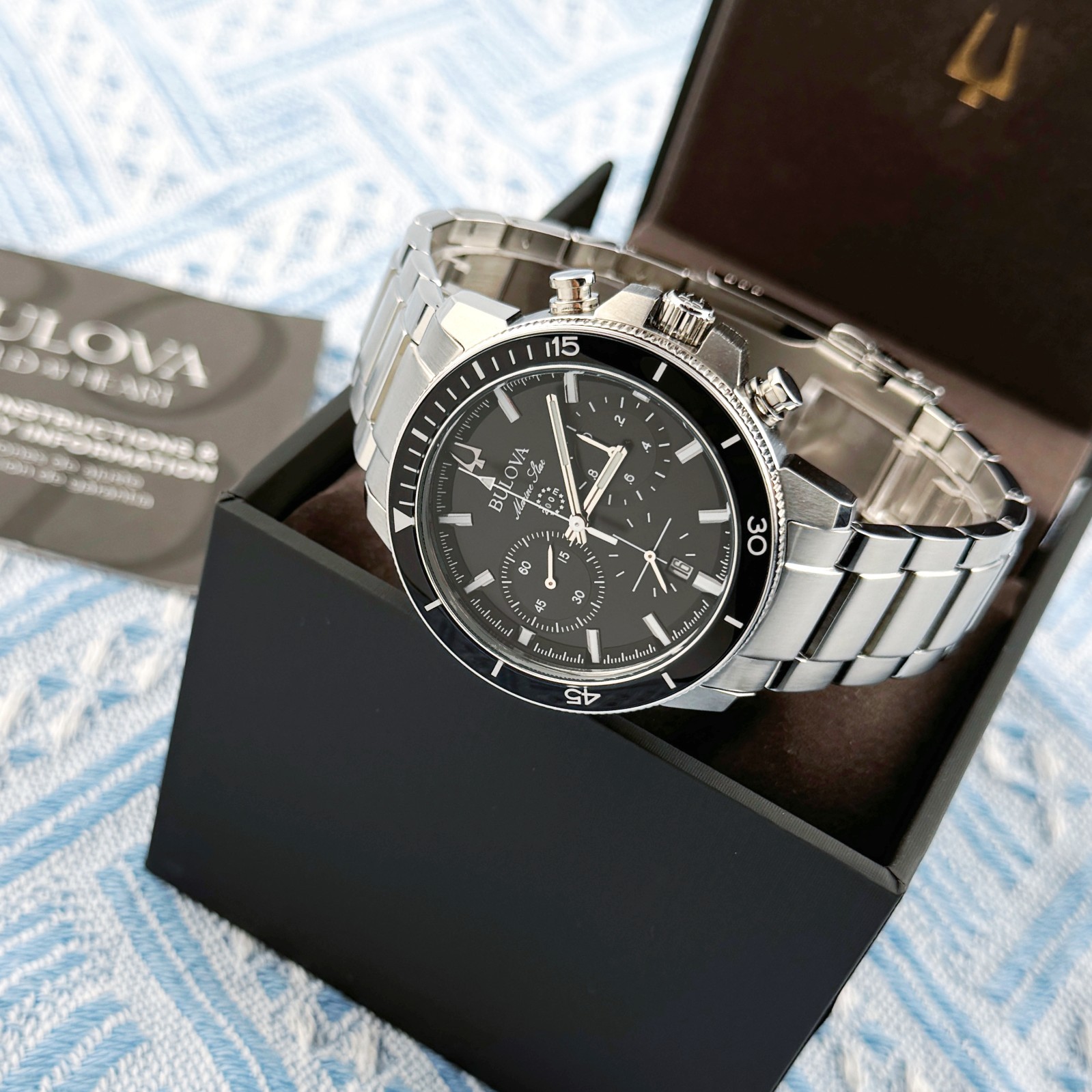 New Bulova Marine Star Chronograph SilverTone Men’s Watch Black Dial 45mm/96B272