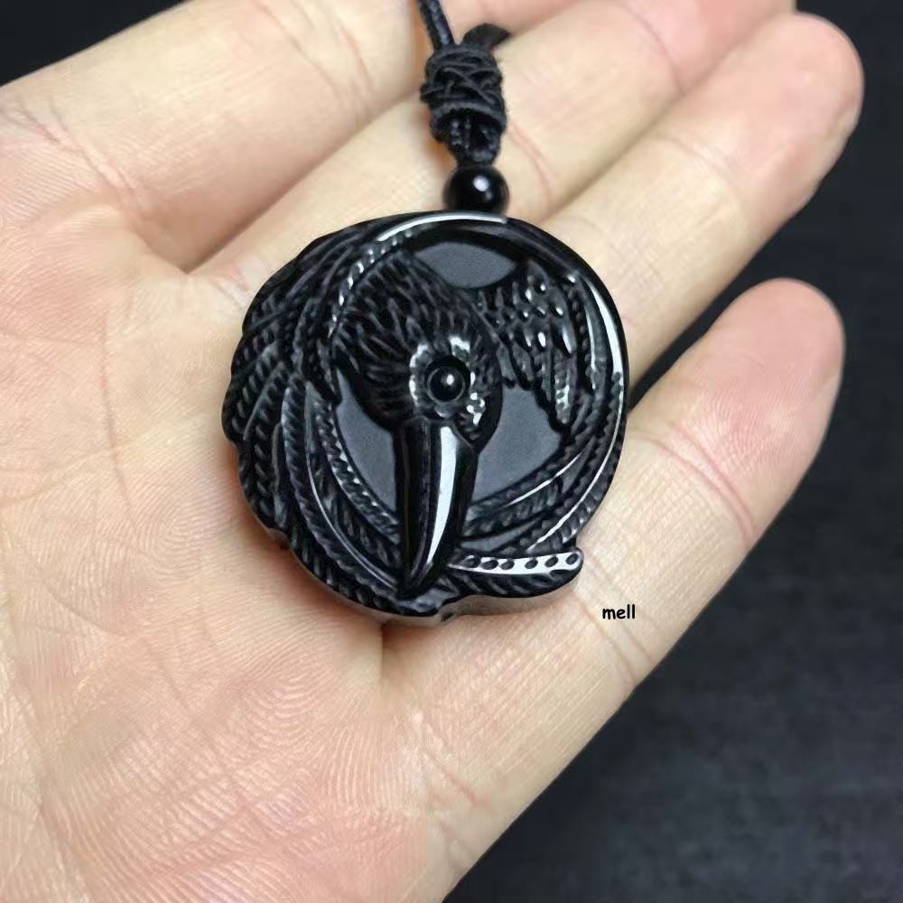 Real Obsidian Crow Pendant Necklace Natural Jewelry Luxury Gift Designer