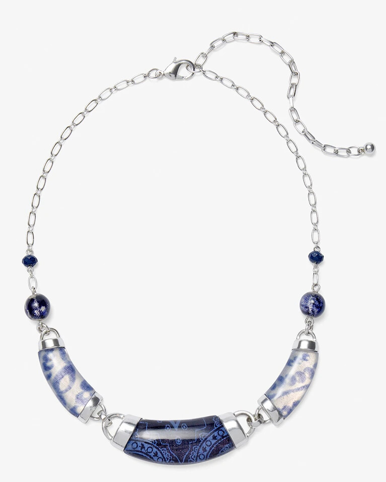 New CHICO’S Blue & White Mix Printed Bib Necklace Nickel Free 18″ Long
