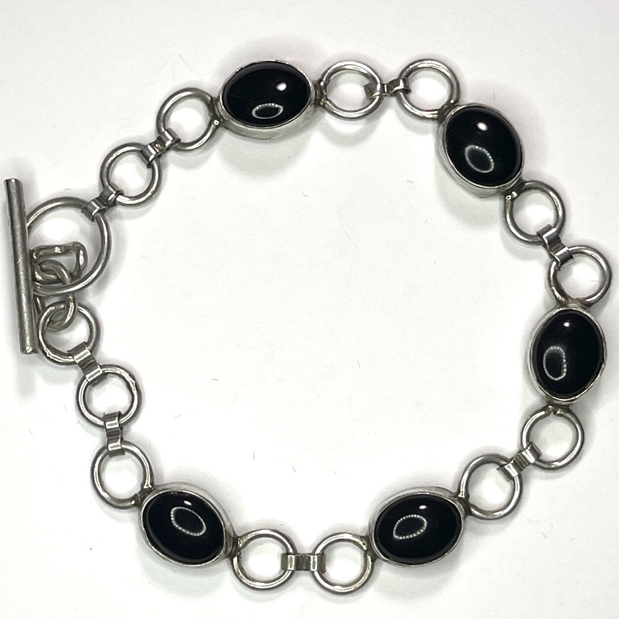 Vintage Black Oval Onyx Stone Sterling Silver Bracelet 7.25” Length BND – B13