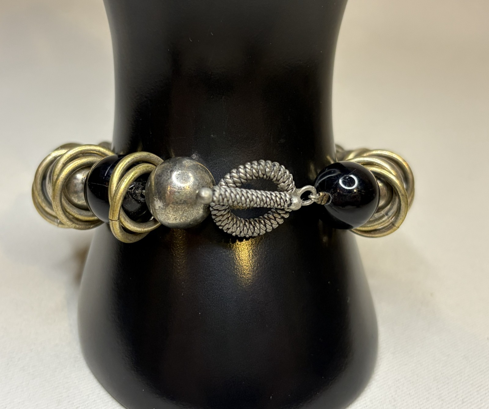 Vintage Mixed Metal Toggle Bracelet Chunky Silver Brass Jump Ring Black Beads