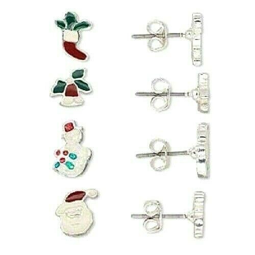 Set of 4 Pair Assorted Lot Christmas Stocking Bells Pierced Snowman Earrings