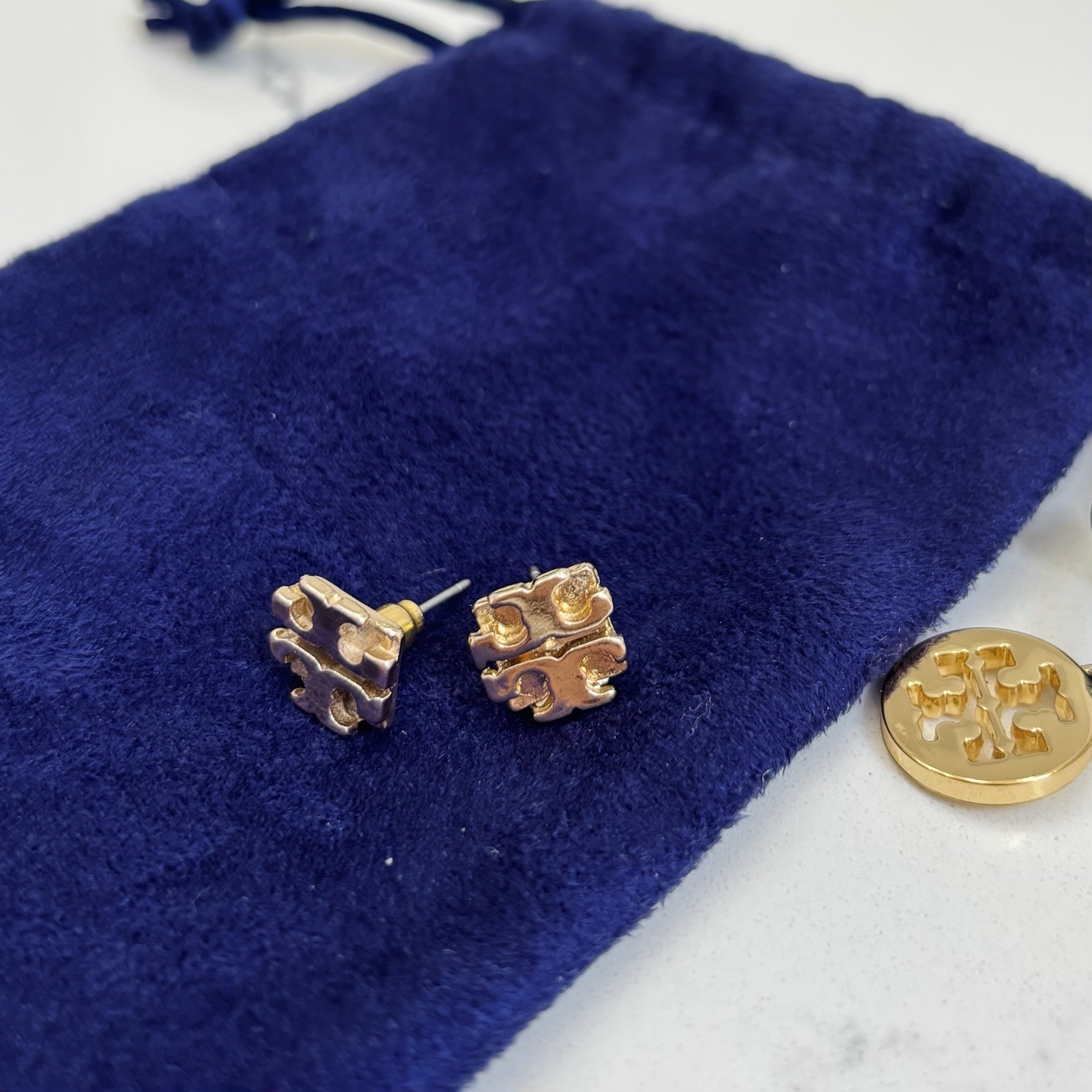 Tory Burch Women’s Gold Plated Square Logo Stud Earrings with Dust Bag