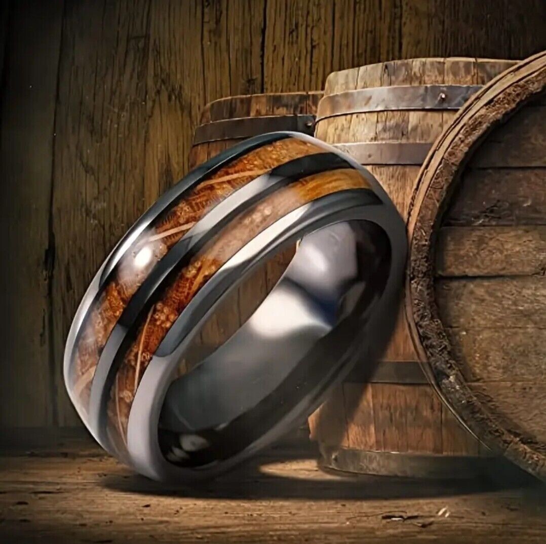 Elegant Whisky Barrel Wood Grain Black Inlay Ring Size – 9