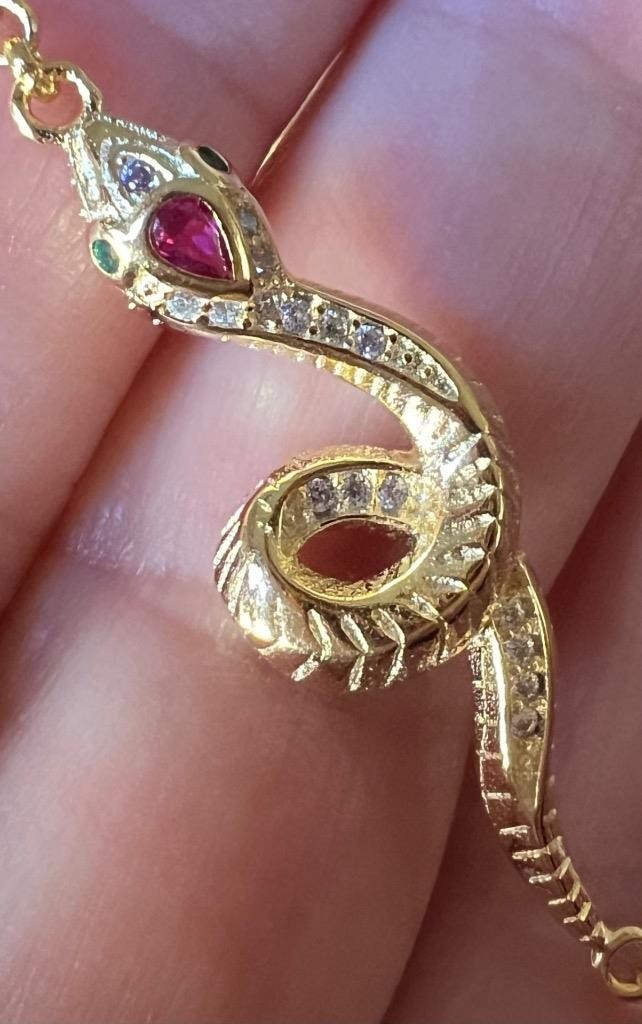 REAL 14K Y Gold on Solid 925 ruby diamond Snake Bracelet Victorian Egyptian Rev.