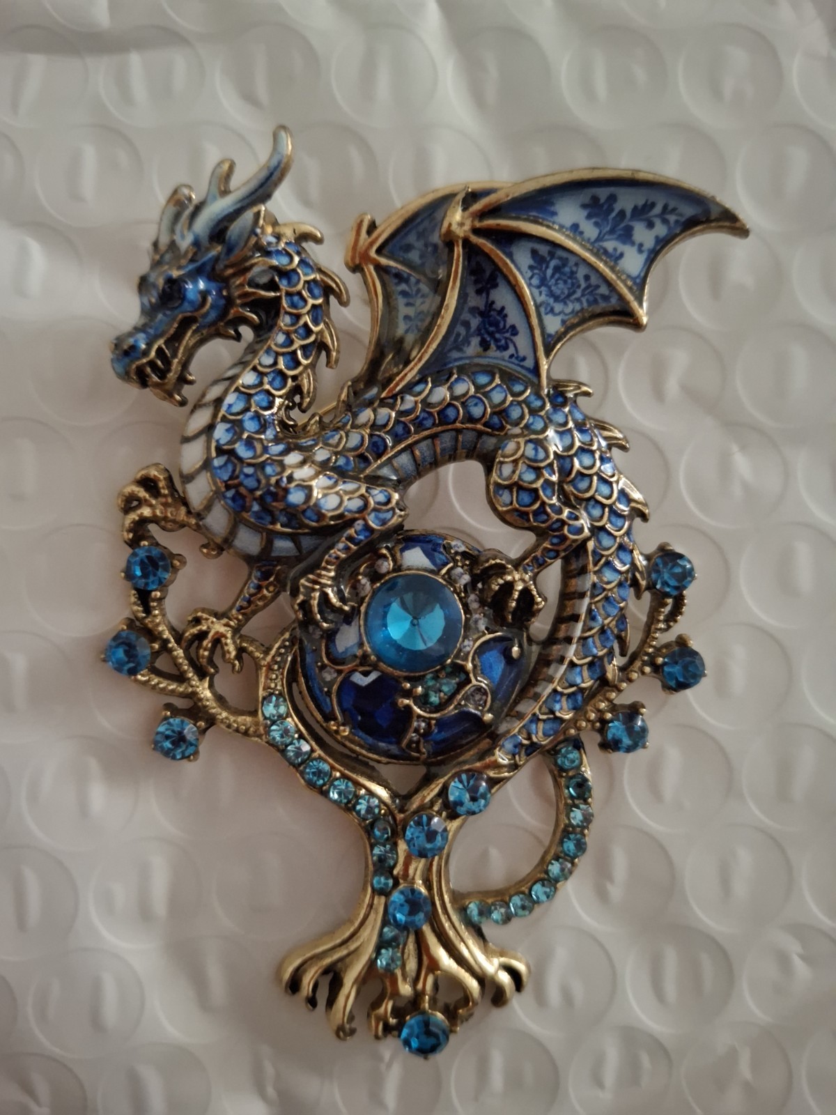 Dragon Brooch Pin Gold Tone Blue Enamel Blue Round Rhinestone Pavé