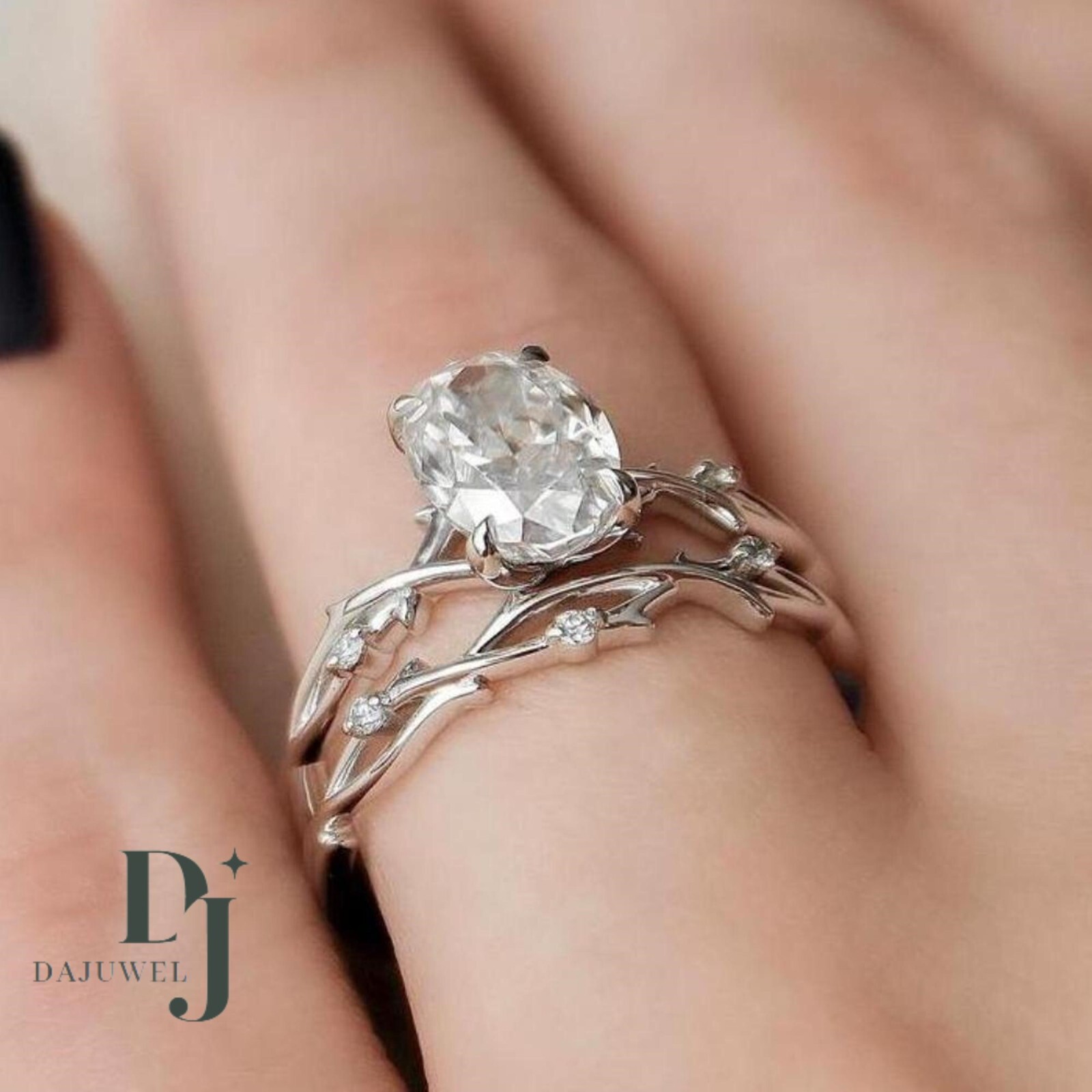 Moissanite Bridal Set Engagement Ring Solid 14K White Gold 2.50 Carat Oval Cut