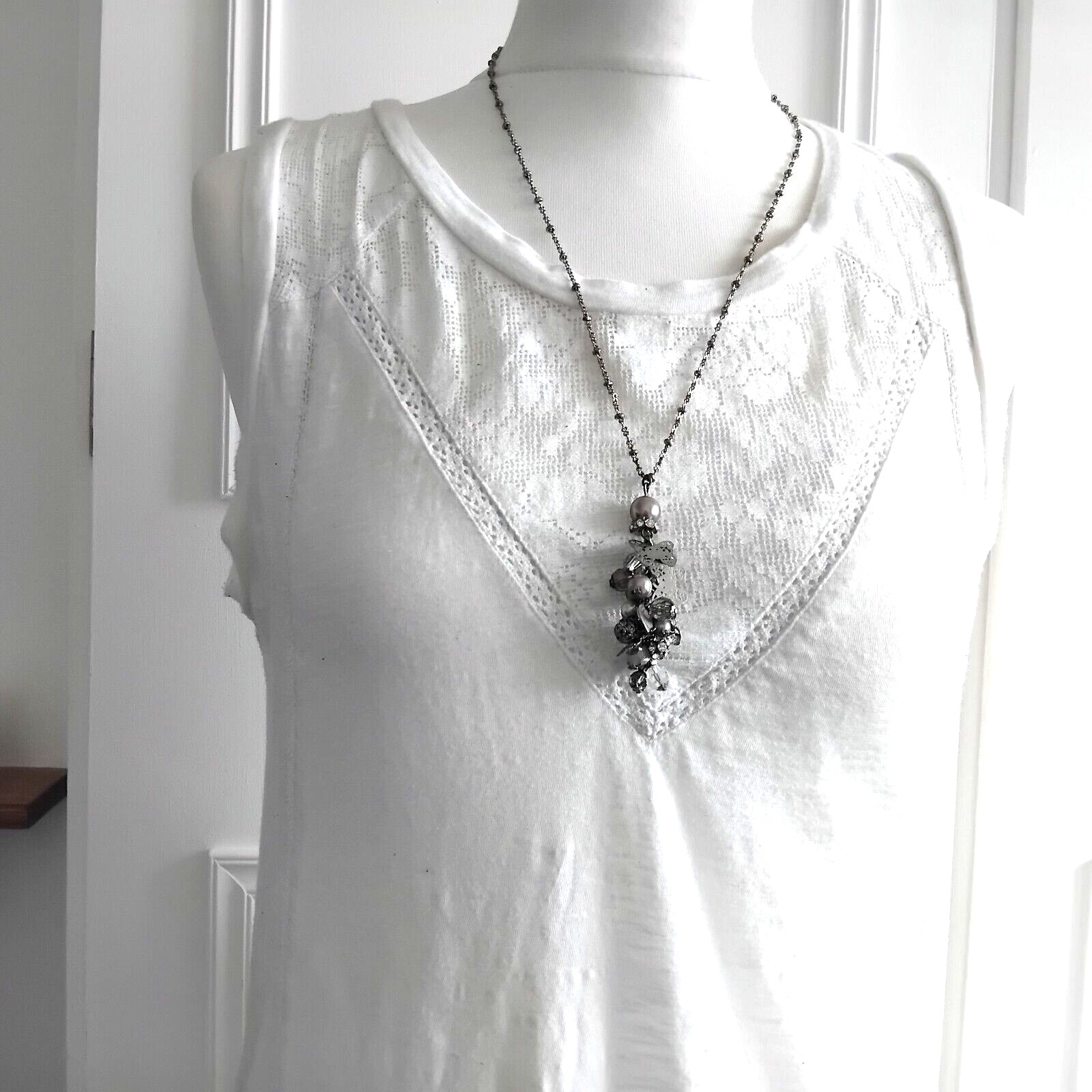 ACCESSORIZE long silver tone butterfly charm beaded pendant necklace & ring set