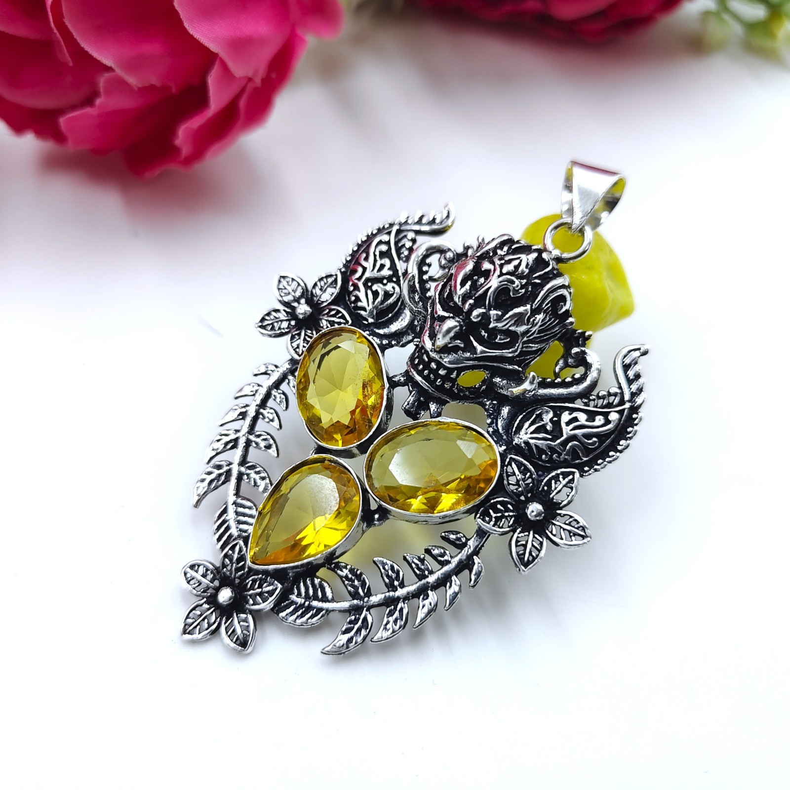 Yellow Citrine Gemstone Handmade 925 Sterling Silver Jewelry Pendant Size-2.25″
