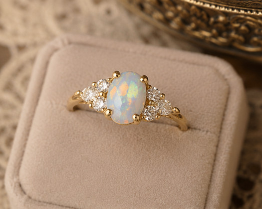 2.24 Ct Oval Cut Natural Opal Diamond Engagement Ring 14K Solid Yellow Gold