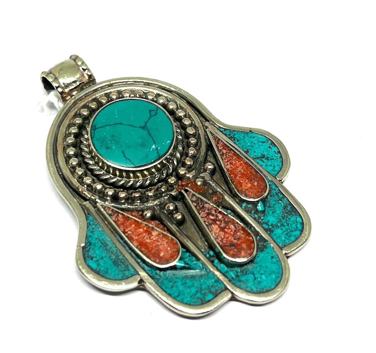 Tibetan Turquoise Coral Gemstone Buddhist Prayer Pendant Jewelry, 2.5 inch