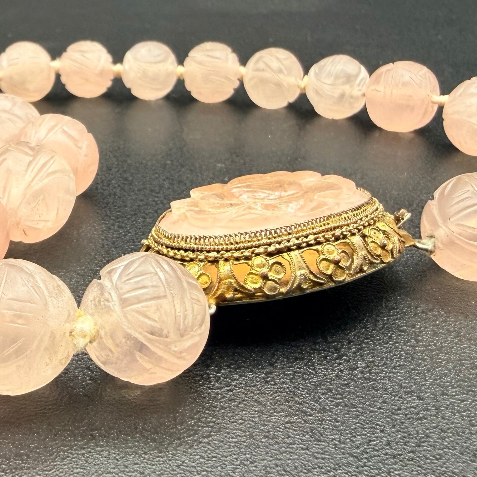 Chinese Export Blush Pink Carved Rose Quartz Necklace Floral Pendant 17 Inches
