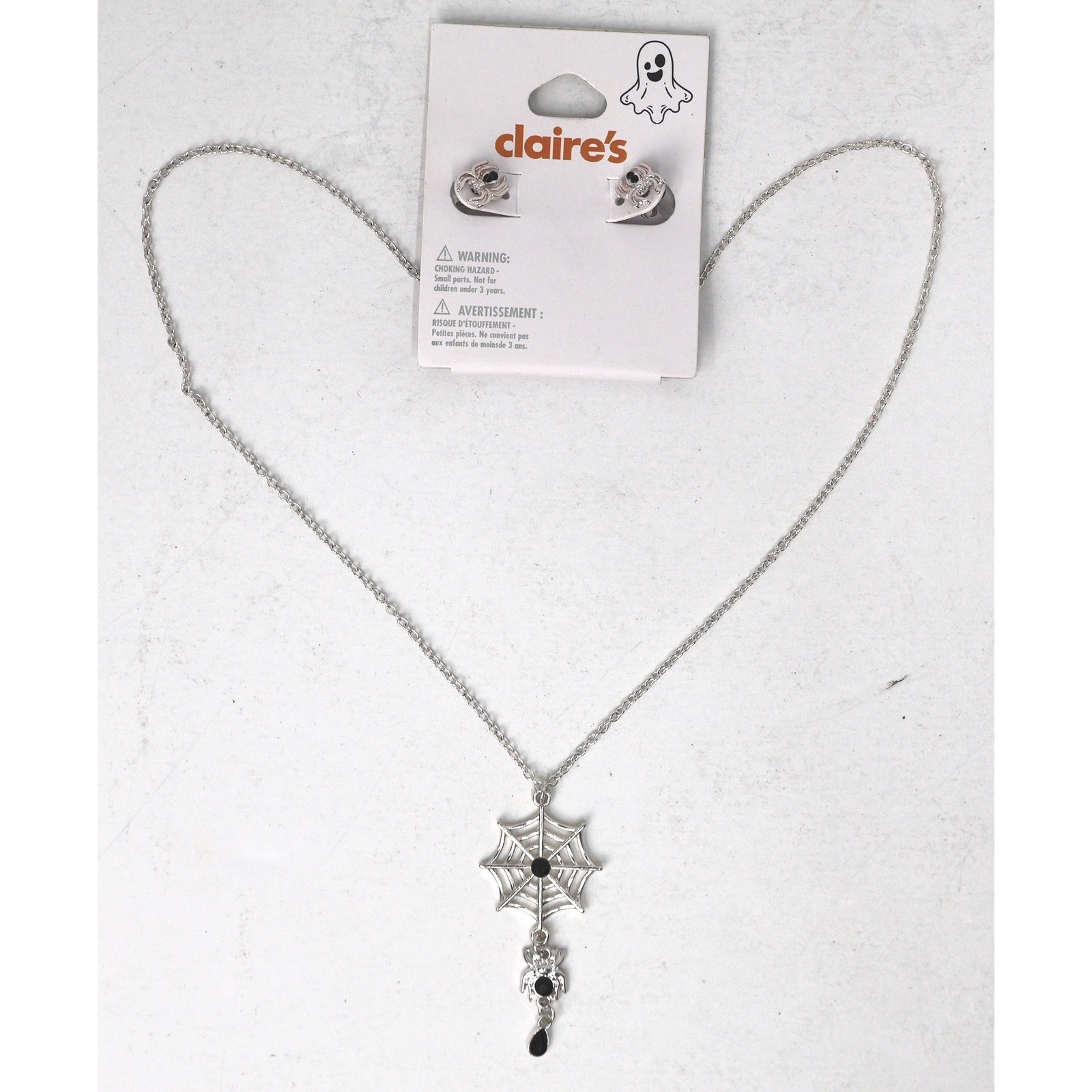 Claire’s Spiderweb Necklace Earrings Set Kids OS Silver Spooky Halloween Goth