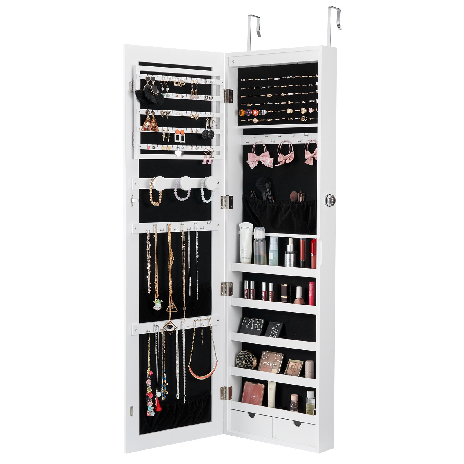 Uimoso Mirror Jewelry Cabinet47.05in Lockable Wall or Door Mounted Armoire White