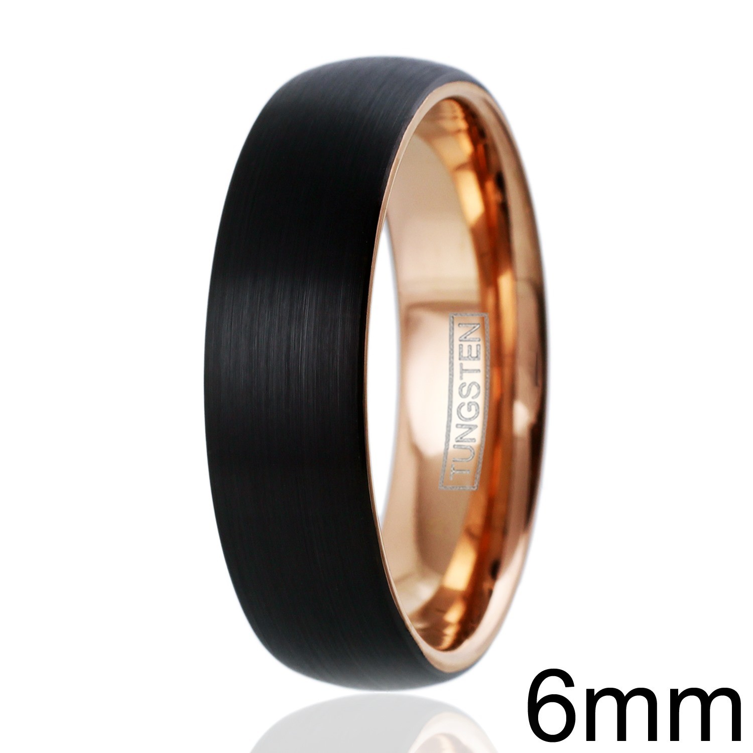 Black Brushed Tungsten Domed Rose Gold Plated Side & Inside Wedding Band Ring