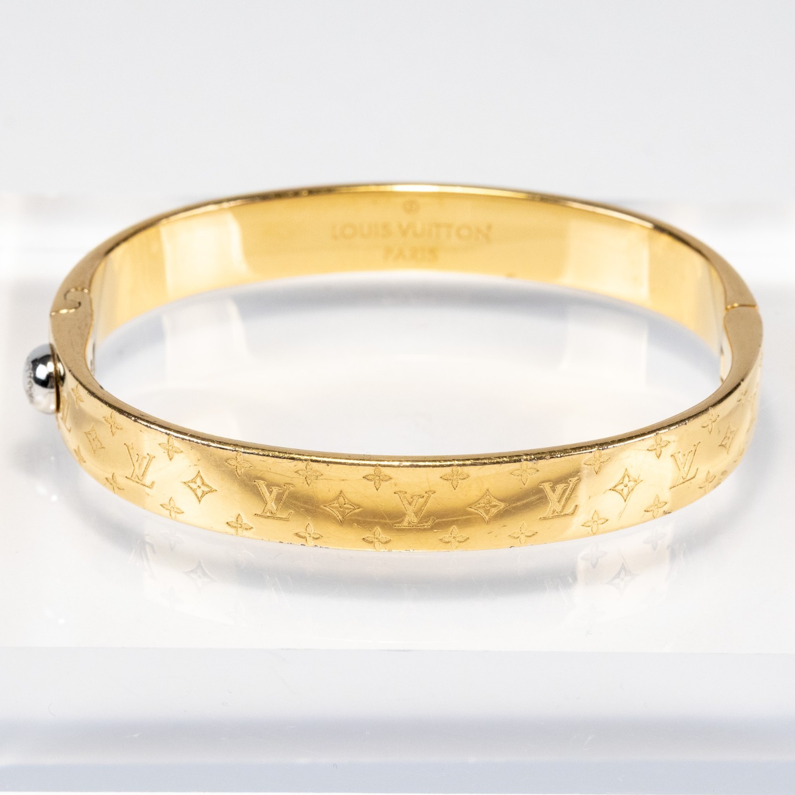 Louis Vuitton LV Nanogram Cuff Bracelet M00252 Bangle Gold Tone Size M Authentic