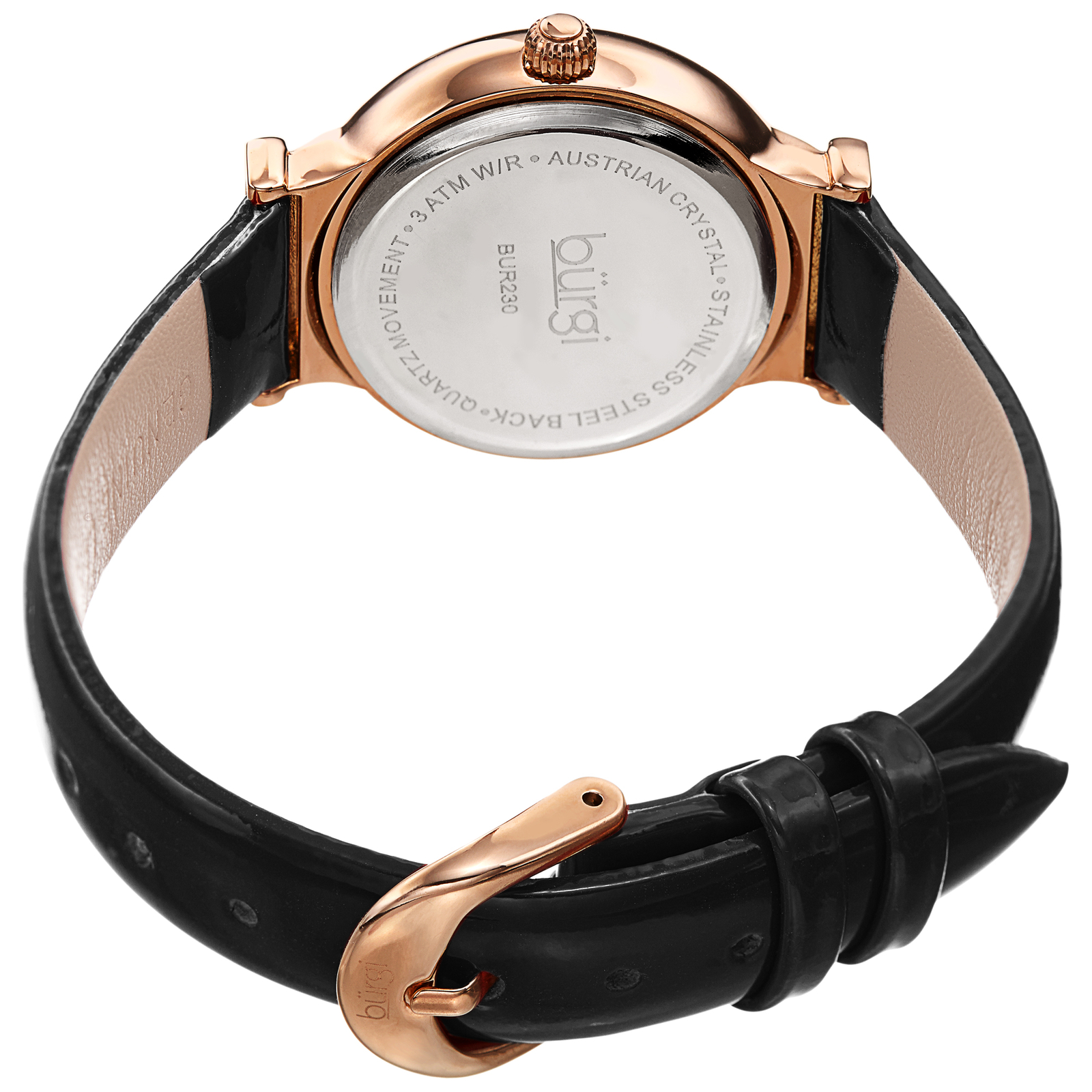 Women’s Burgi BUR230BK Black Swarovski Crystal Guilloche Leather Strap Watch