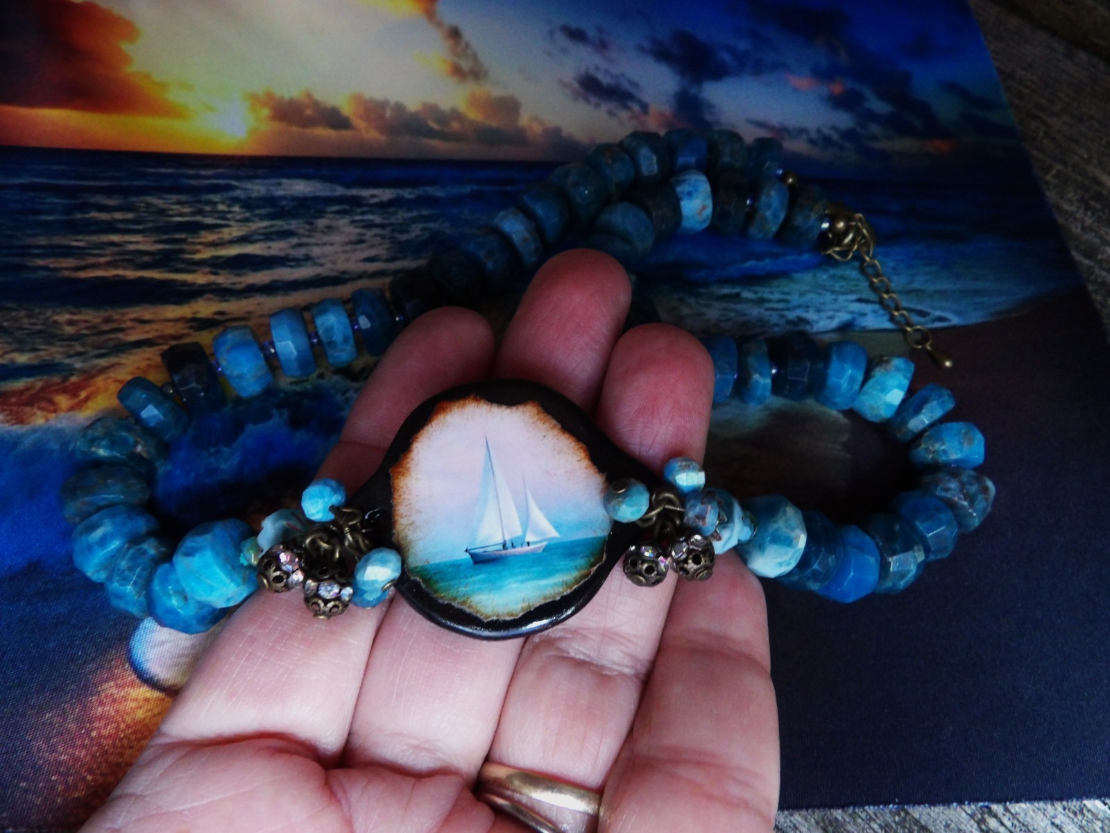 Necklace, Ocean, Apatite Beads, Sailboat, Beach, One of a Kind