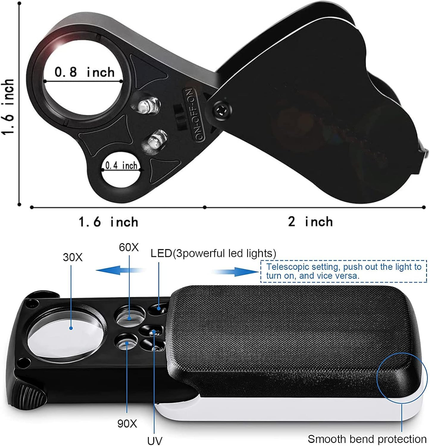 Jewelers Loupe, 2 Pack Magnifying Glass with Light, 30X 60X 90X Jewelers Loop Ma