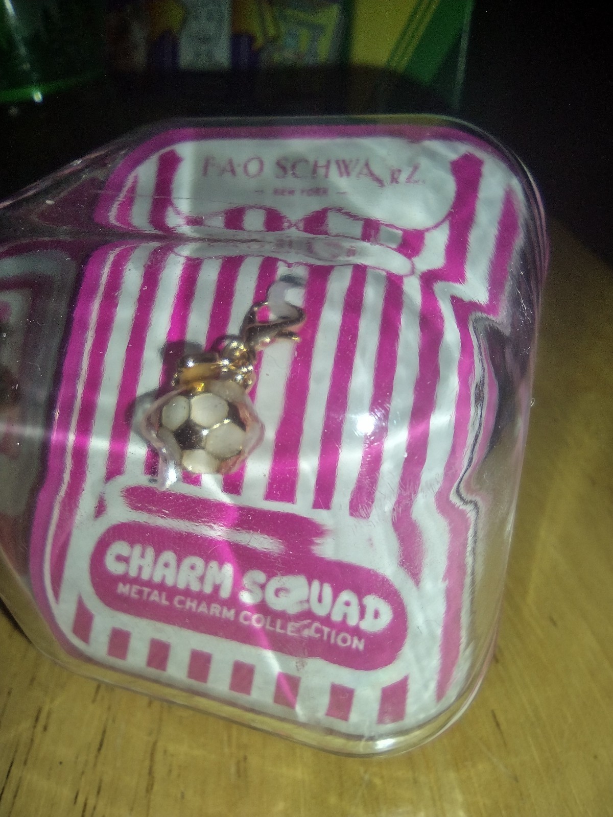 FAO Schwarz Charm Squad Soccer ball with cleat dangle, NIB, gold color