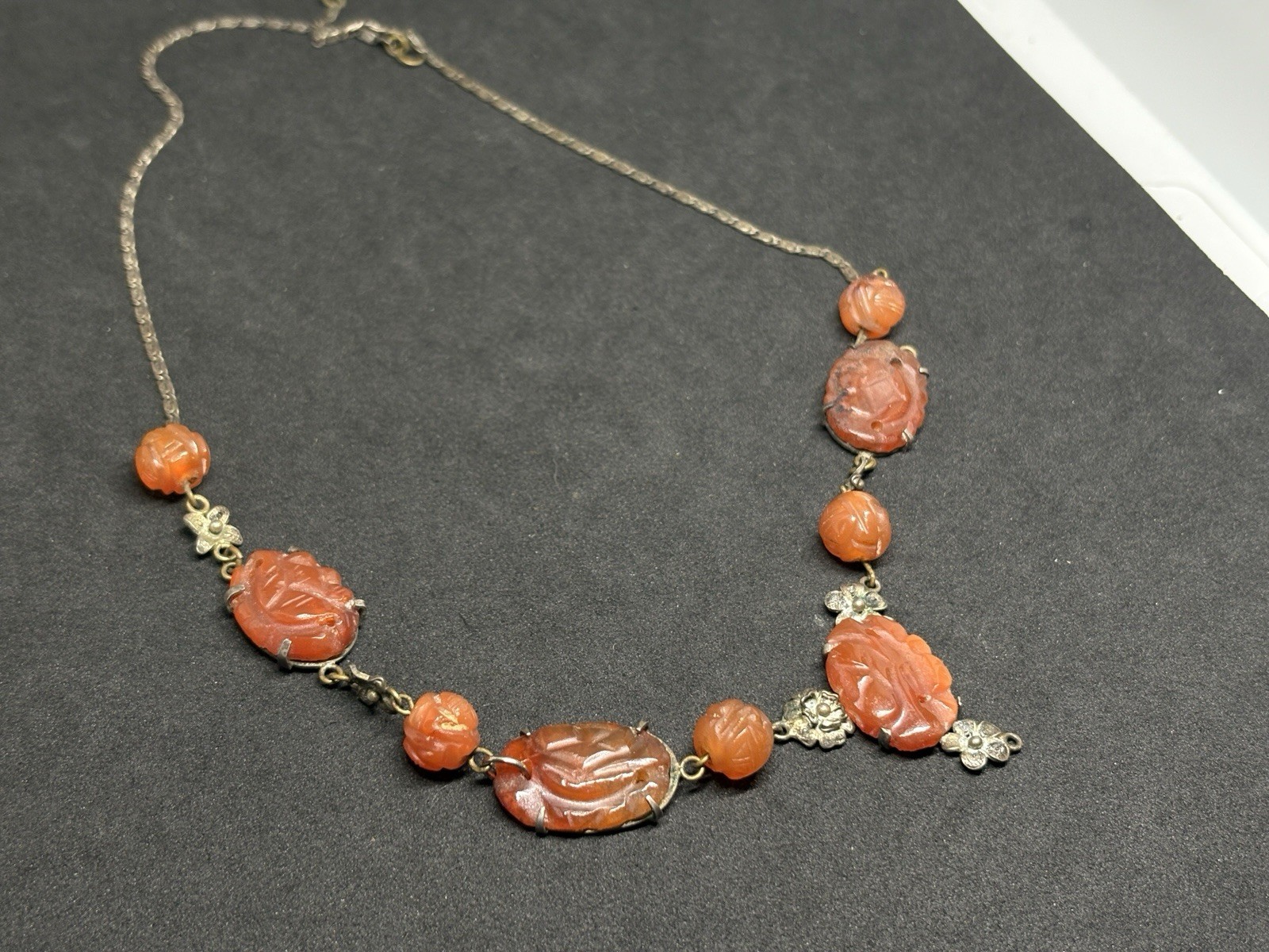 Vintage Chinese Export Silver Tone Filigree Carved Carnelian Lavalier Necklace