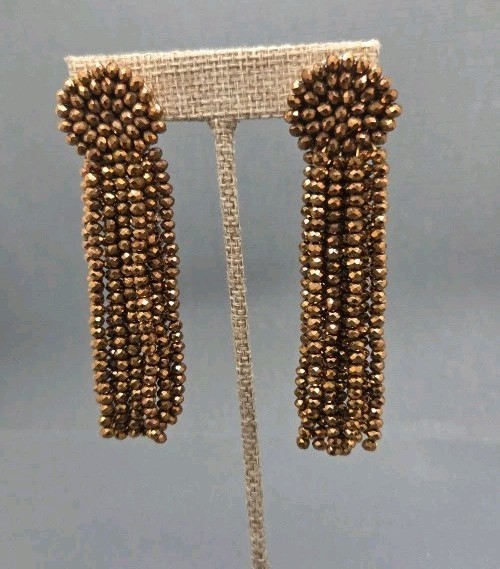 Signed BaubleBar bronz Metallic Beaded Tassel Post Earrings 3.5 Inches Long