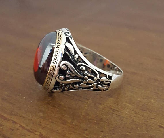 Solid 925 Sterling Silver Natural Red Garnet Gemstone Signet Men’s Unisex Ring