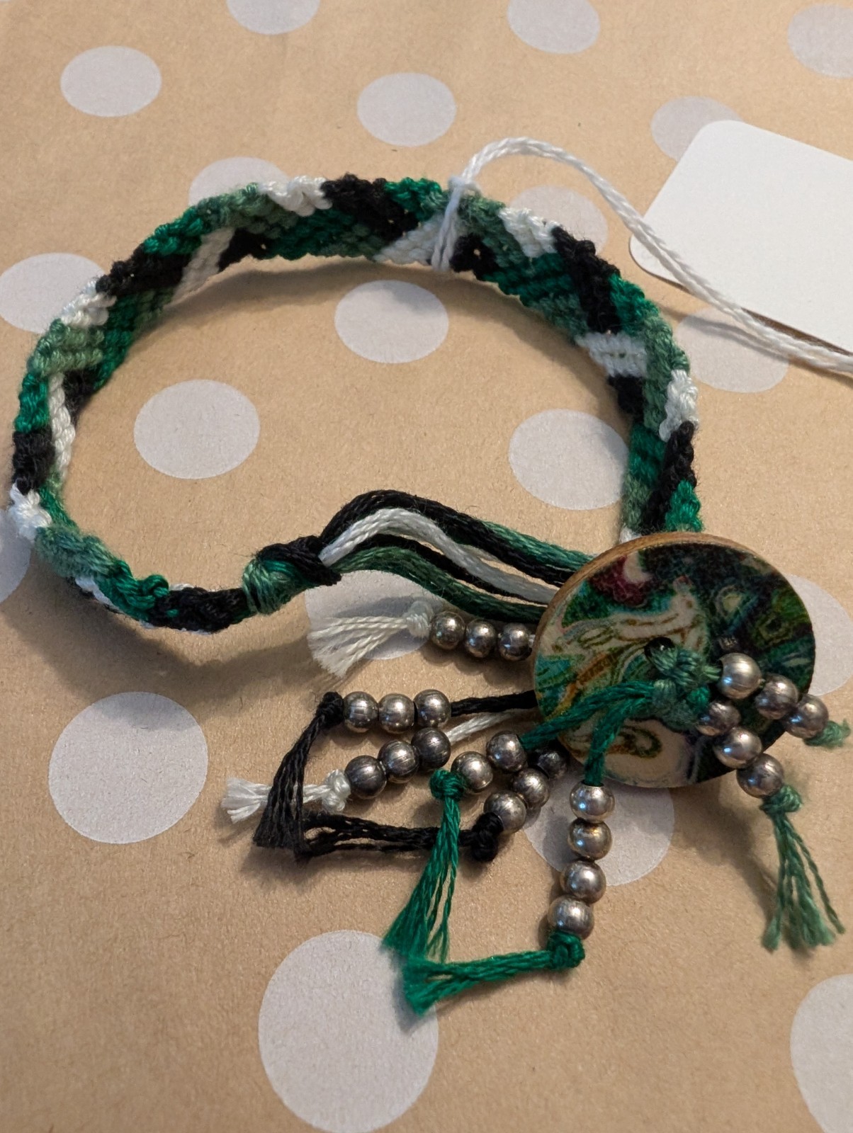 Handmade Friendship Bracelet Green Black White Woven Beaded Boho Bracelet