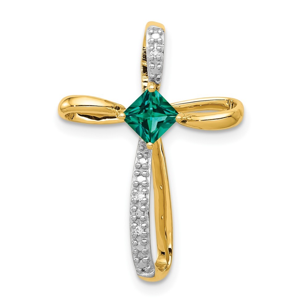 14k Yellow Gold and White Rhodium 4mm Square Emerald and Diamond Cross Pendant