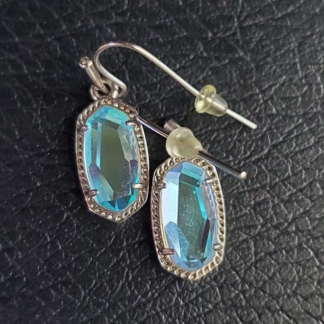 Kendra Scott Lee Silver Drop Earrings Iridescent Blue Dichroic Glass Dangle