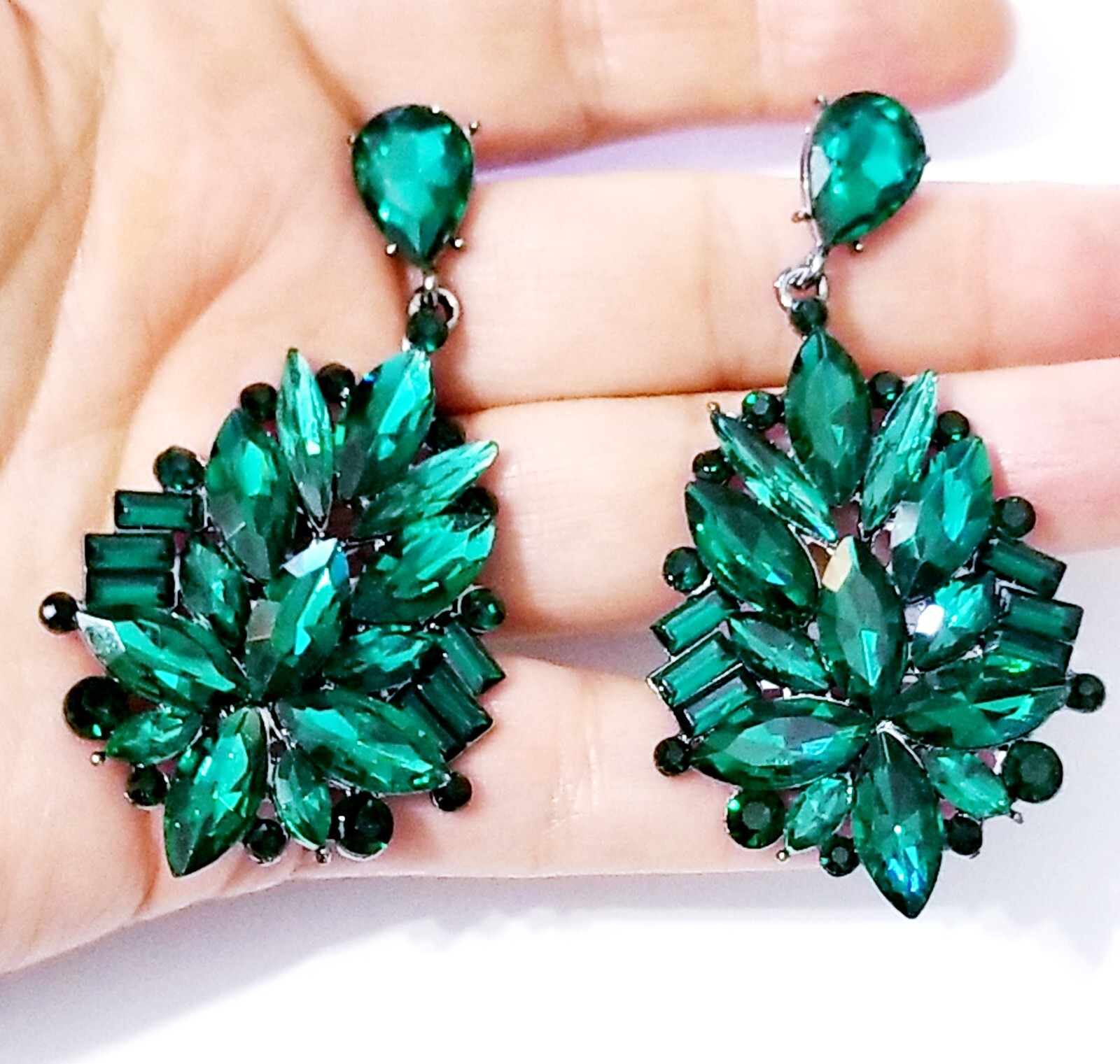 Bridesmaid Drop Dangle Chandelier Earrings 2.8 in Green Rhinestone Pageant Prom