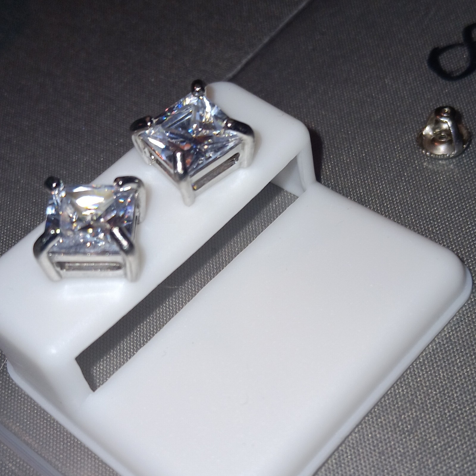 Square Princes Cut Clear Moissanite Stud Earrings Sterling Silver Tone Butterfly