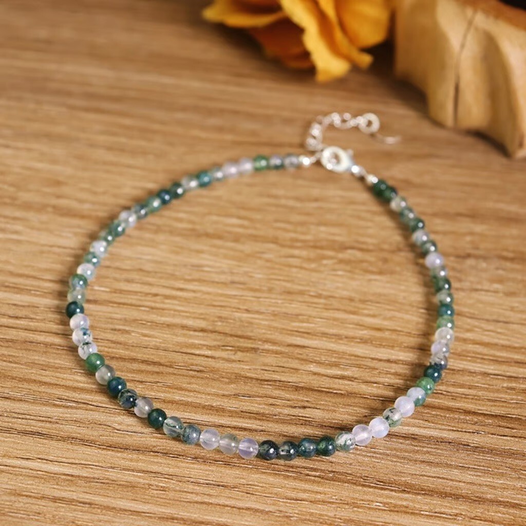 2025Gift Idea Natural Tiny Green Moss Agate Healing Reiki Dainty Crystal Anklet