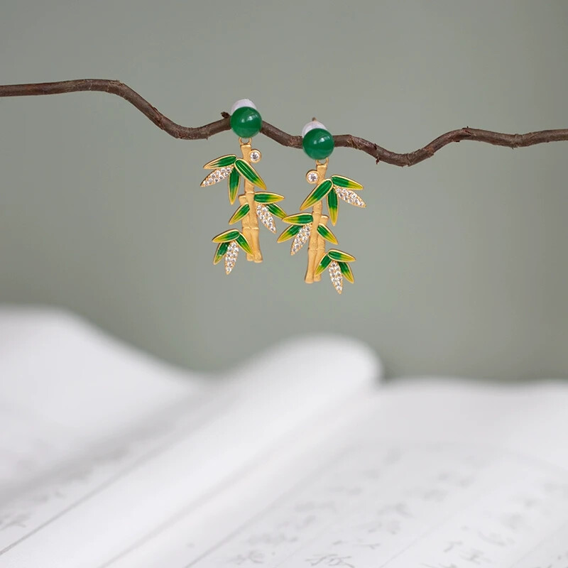 925 Silver Plated Cloisonne Ethnic Bamboo Earrings Tassel Dangle Drop Jewelry