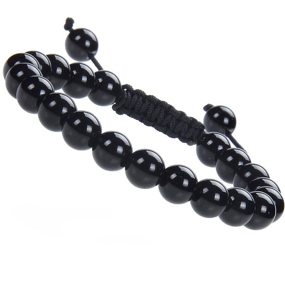 Unisex Adjustable Macrame Hand Braided Black Agate Stone Beads Bracelet 8mm